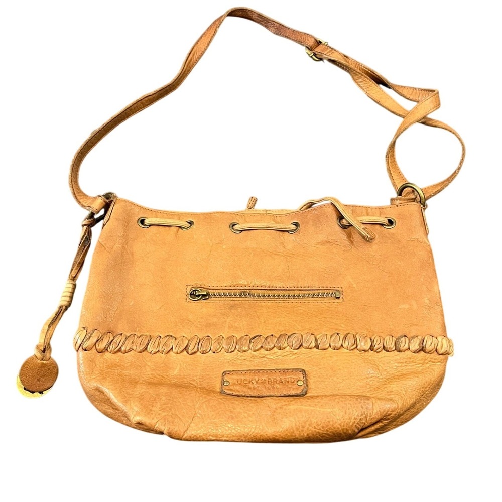 Lucky‎ Brand Crossbody Bag Womens Medium Tan Leather Boho Whipstitch Drawstring